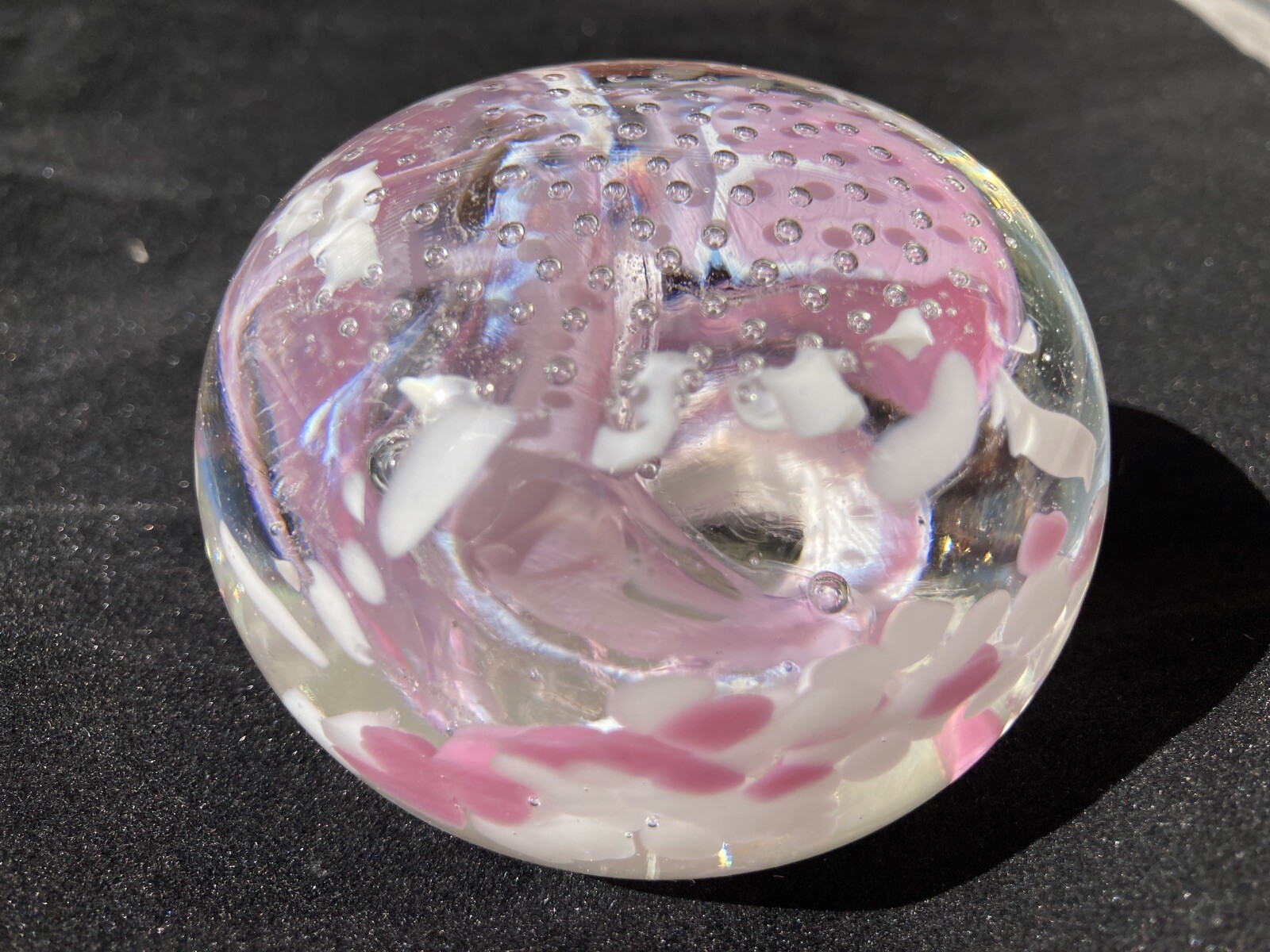 Vintage Clear Glass Paperweight Pink White Swirls Controlled Bubbles Signed Sam