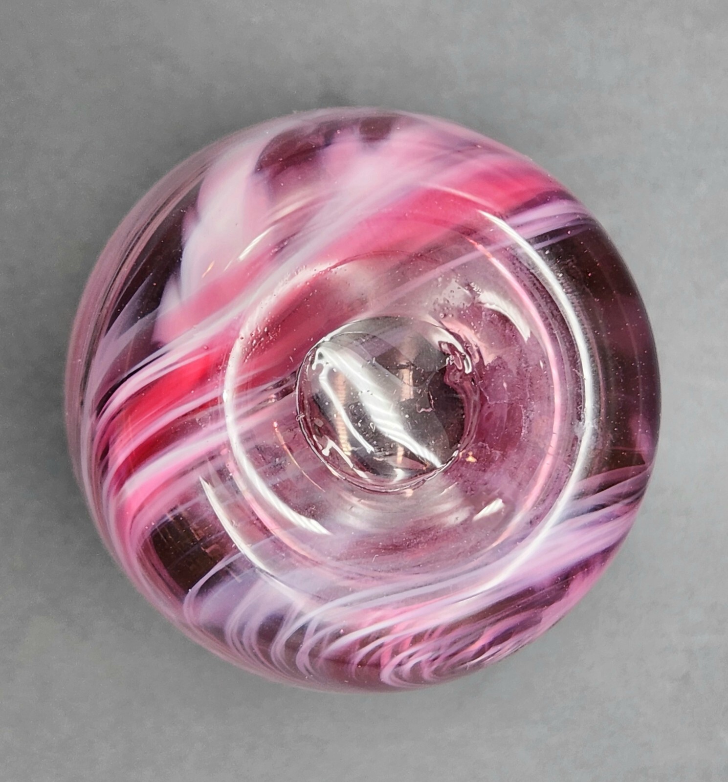 Art Glass Vase Pink White Abstract Swirl Cased Clear Polished Pontil 6″T Heavy