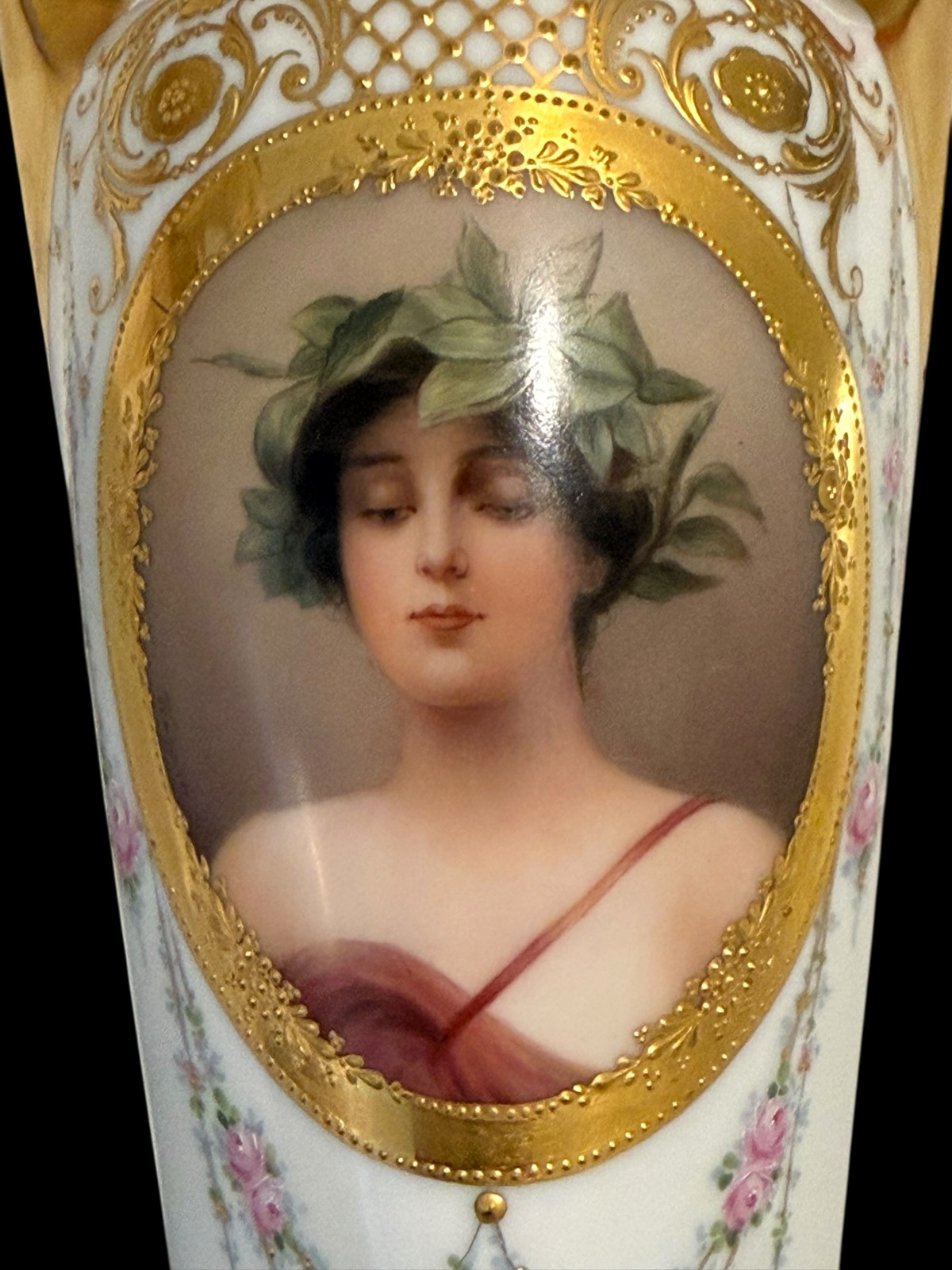 Antique Royal Vienna Hand Painted Wagner Jeweled Porcelain Daphne Portrait Vase