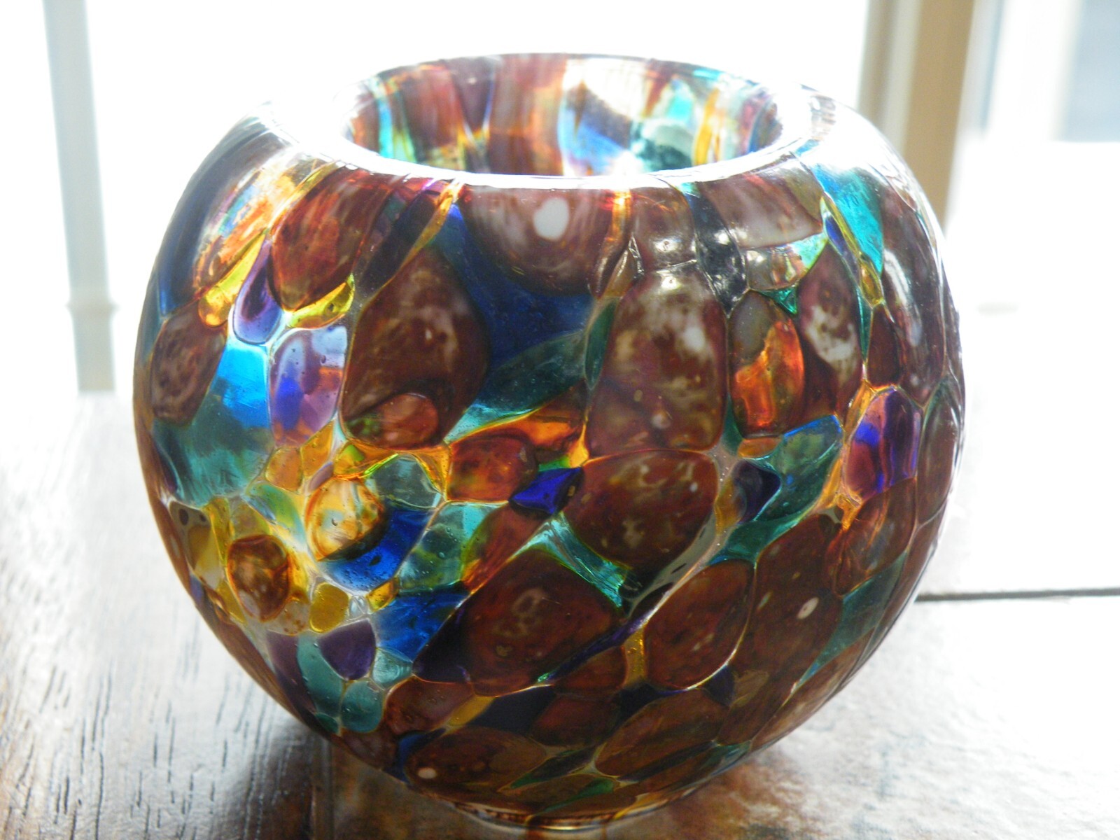 Art Glass CANDLE HOLDER Votive or Tea Light MULTICOLOR 3″ Tall FREE SHIP