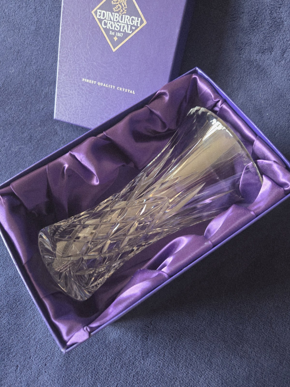 Edinburgh Crystal lead crystal vase 8″, top rim diam-5″, bottom diam-3″
