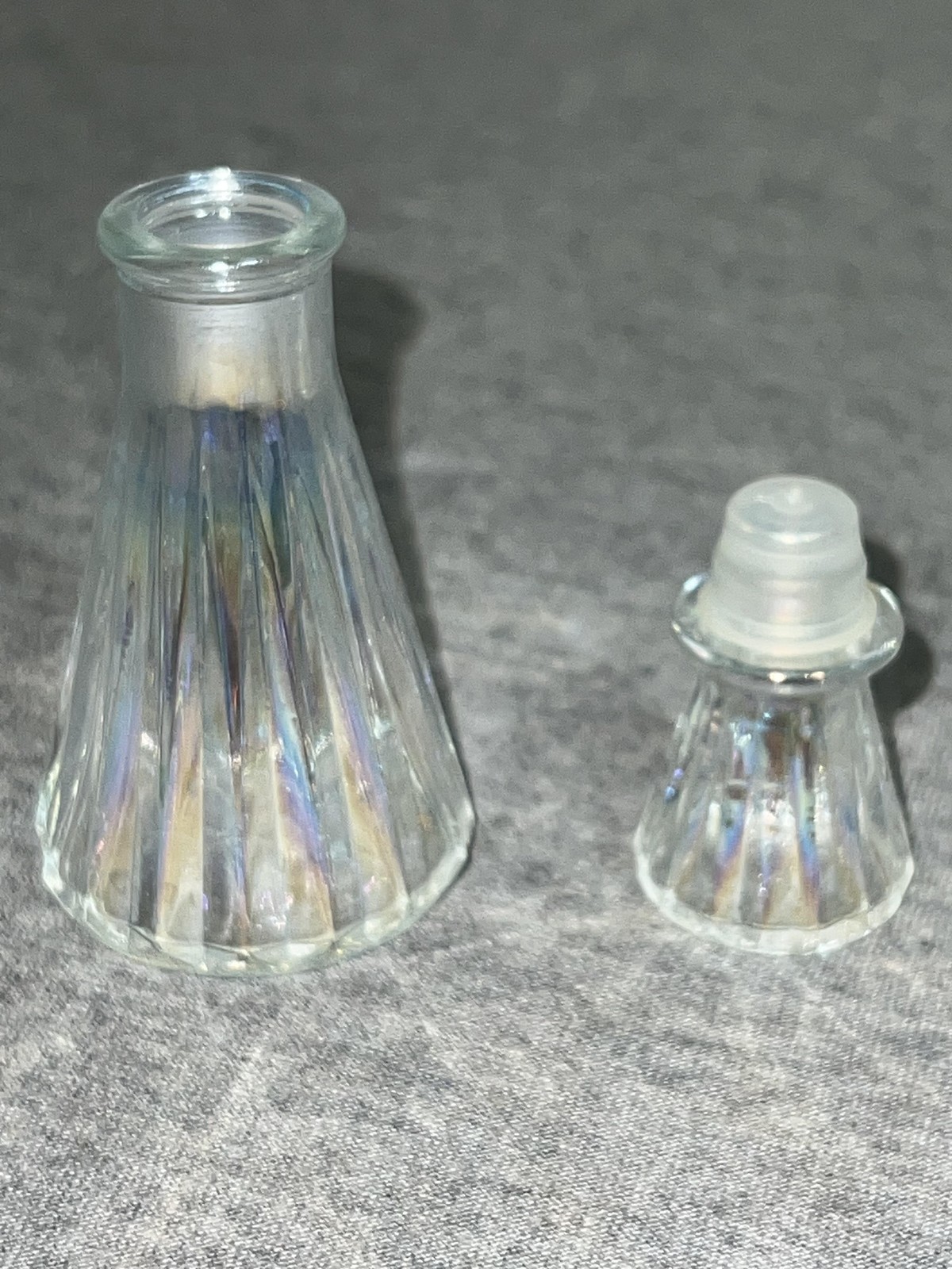 Vintage Avon Glass Perfume Bottles Pair Clear Iridescent Stoppered Vanity Decor