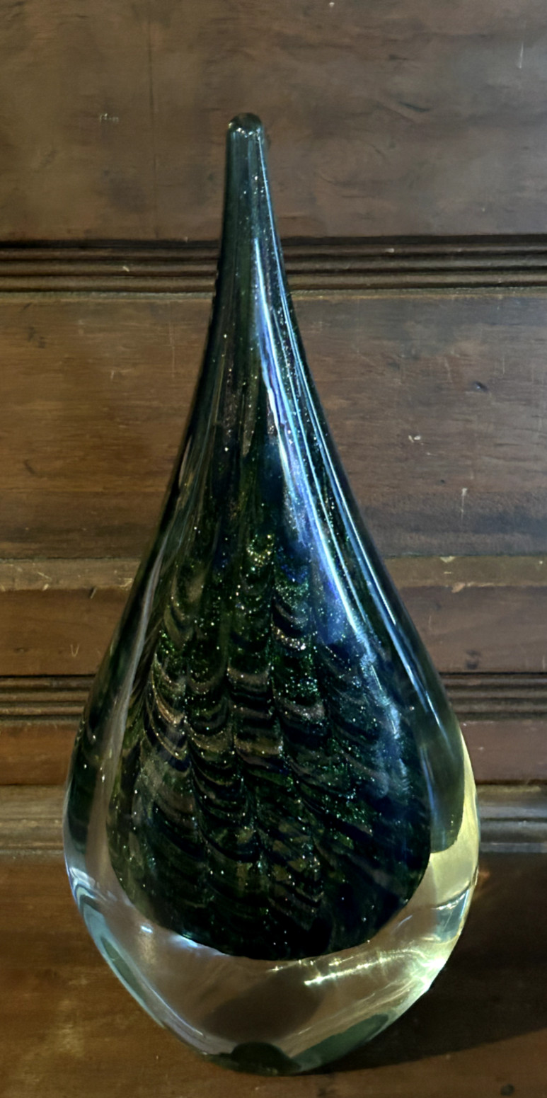 Murano Style Teardrop Peacock Feather Art Glass Paperweight Sculpture 10 1/4″