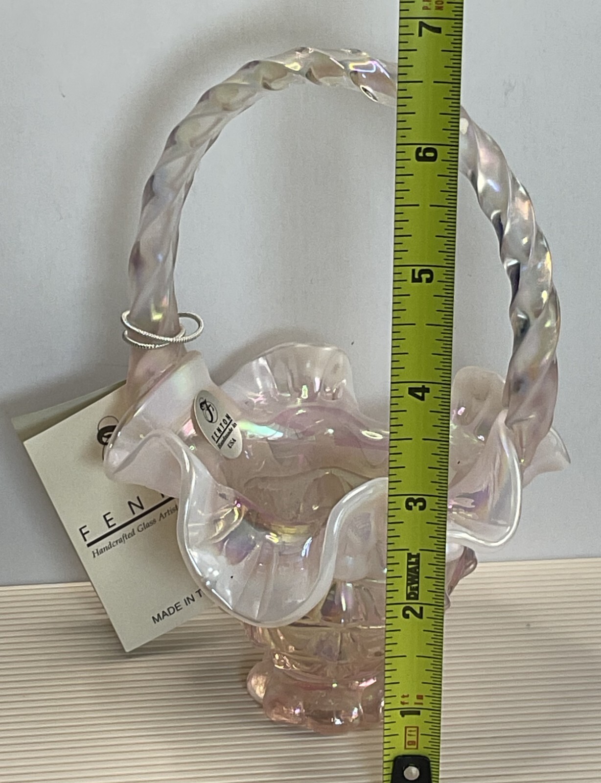Fentons Champagne Opalescent Satin Basket-Knotts Berry Farm w/Fenton Hanging Tag