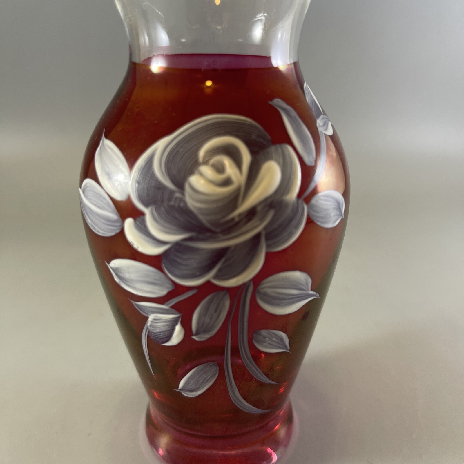 Westmoreland Glass Ruby Flash Red Vase Hand Painted Rose 5.5 In. Tall Vintage