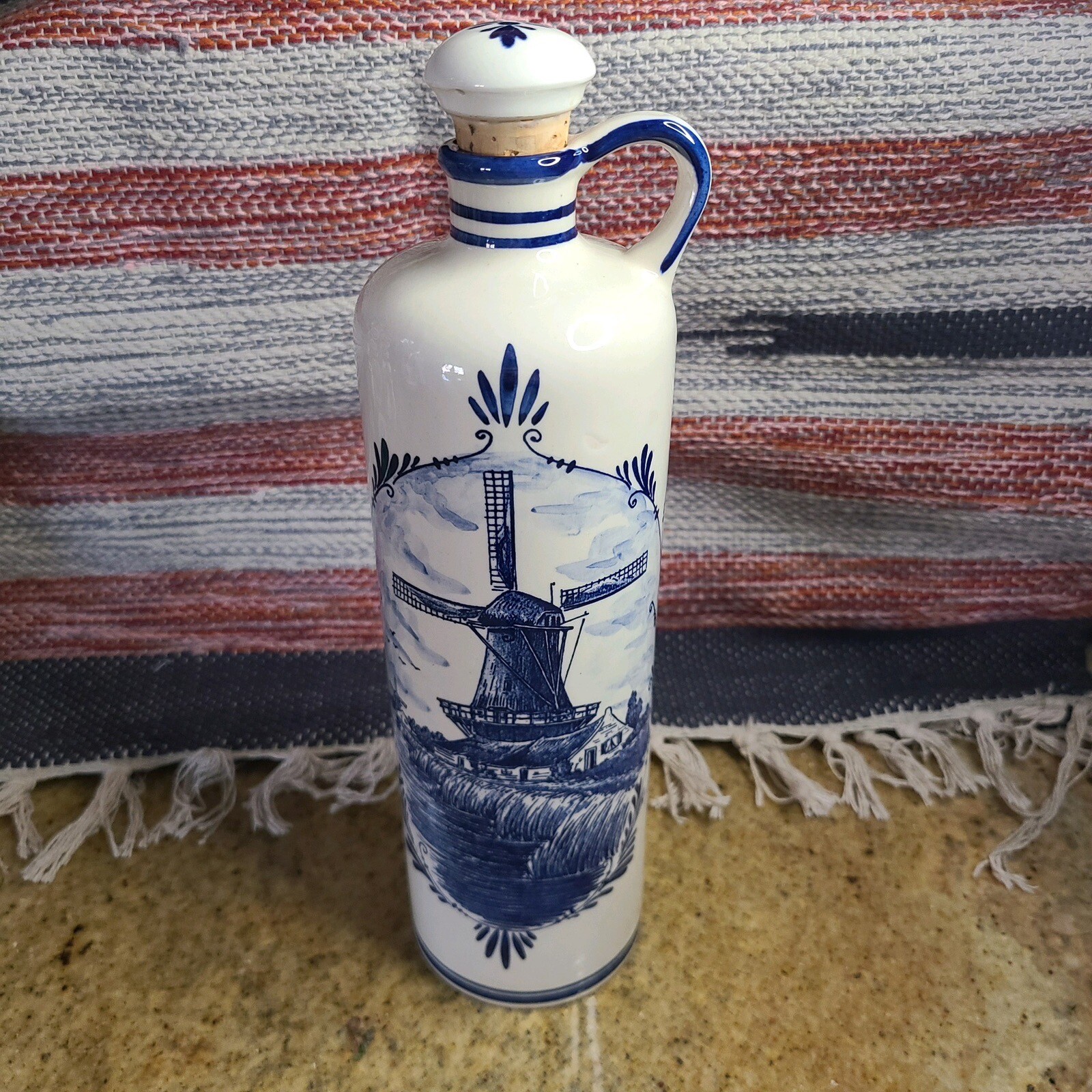1950s Delft Blue Holland decorated ceramic bottle w/cork stopper Bols.