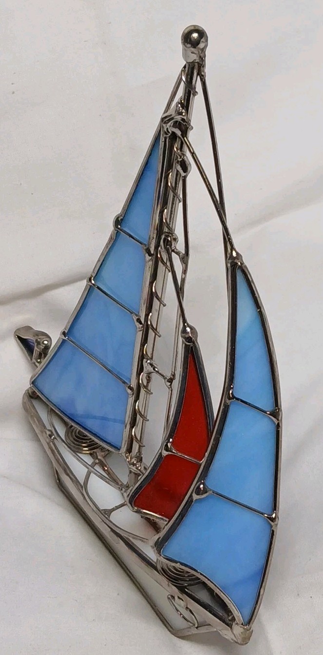Sailboat Stained Glass And Wire Blue And Red Nautical Scultpture 6.5″ Vintage
