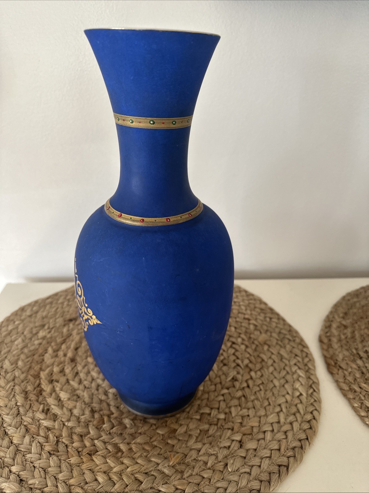 19C Old Paris Painted Neoclassical lady portrait Medallion Blue Gold Vase 13”