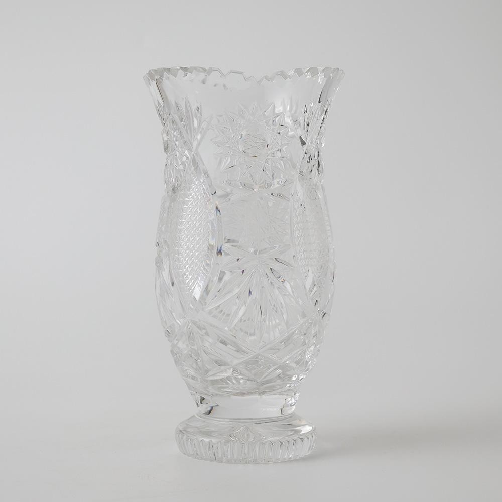 Japanese Ornate Crystal Cut Glass Vase Pinwheel & Fan Motif Heavy Glass H8.07in