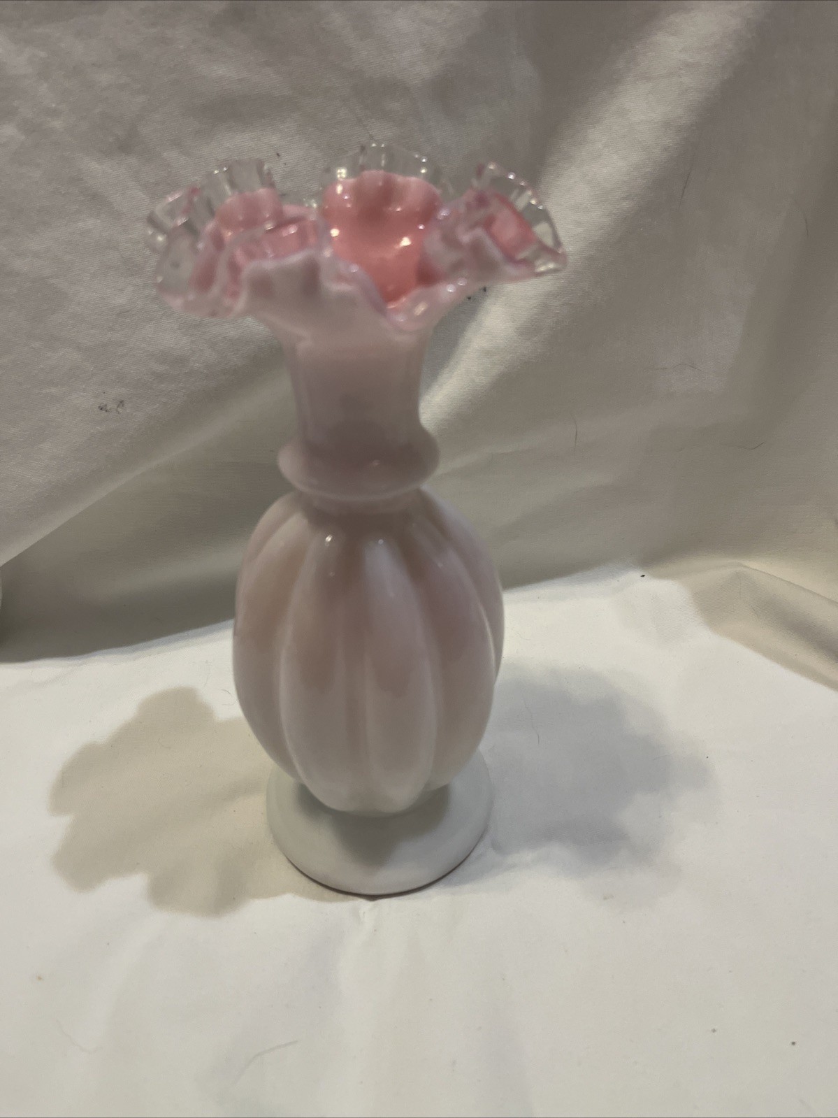 Fenton Peach Crest White And Pink Glass Double Ruffled Crimped 8″ Vase Vintage