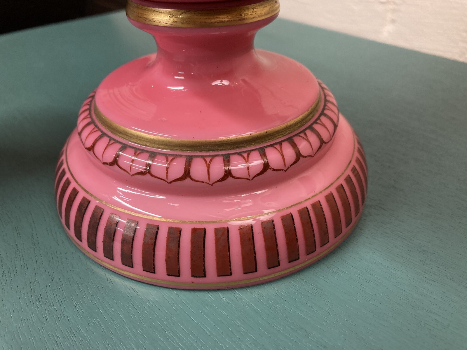 HARRACH MANTLE VASE 14″ X 6″ Bird & Blossom Enamel Pink Opaline EXCELLENT!