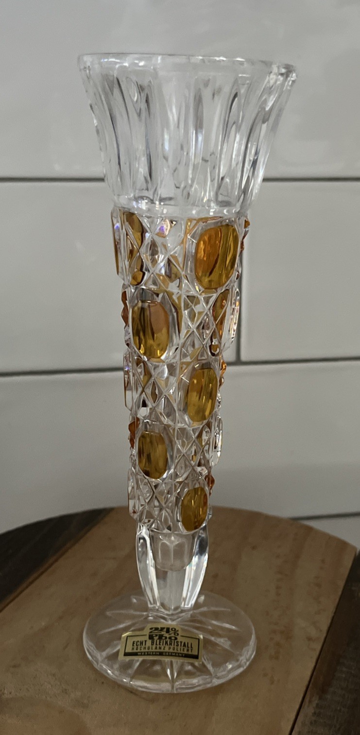 Echt Bleikristall 24% Lead Crystal Clear Vase Yellow Octagons Western Germany