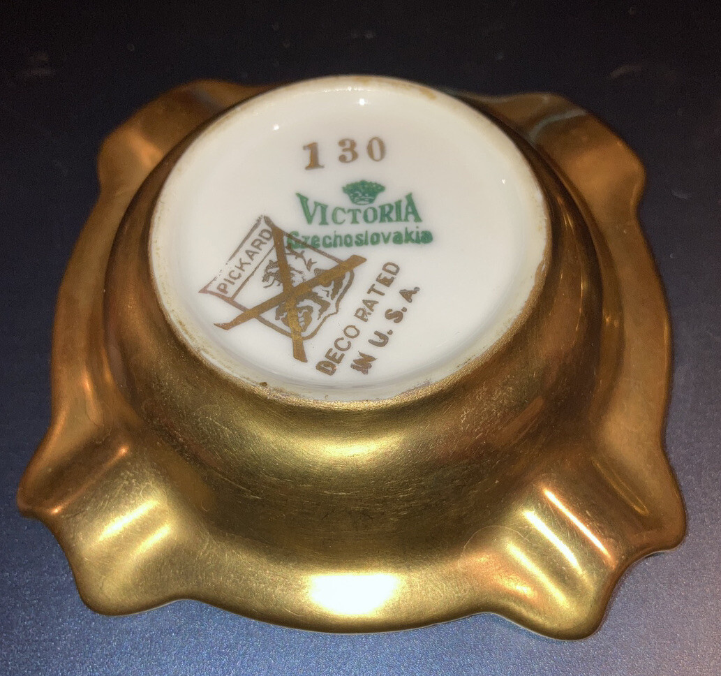 2 vintage Pickard Victoria floral rose gold encrusted ashtray 3 1/4″ dish #130
