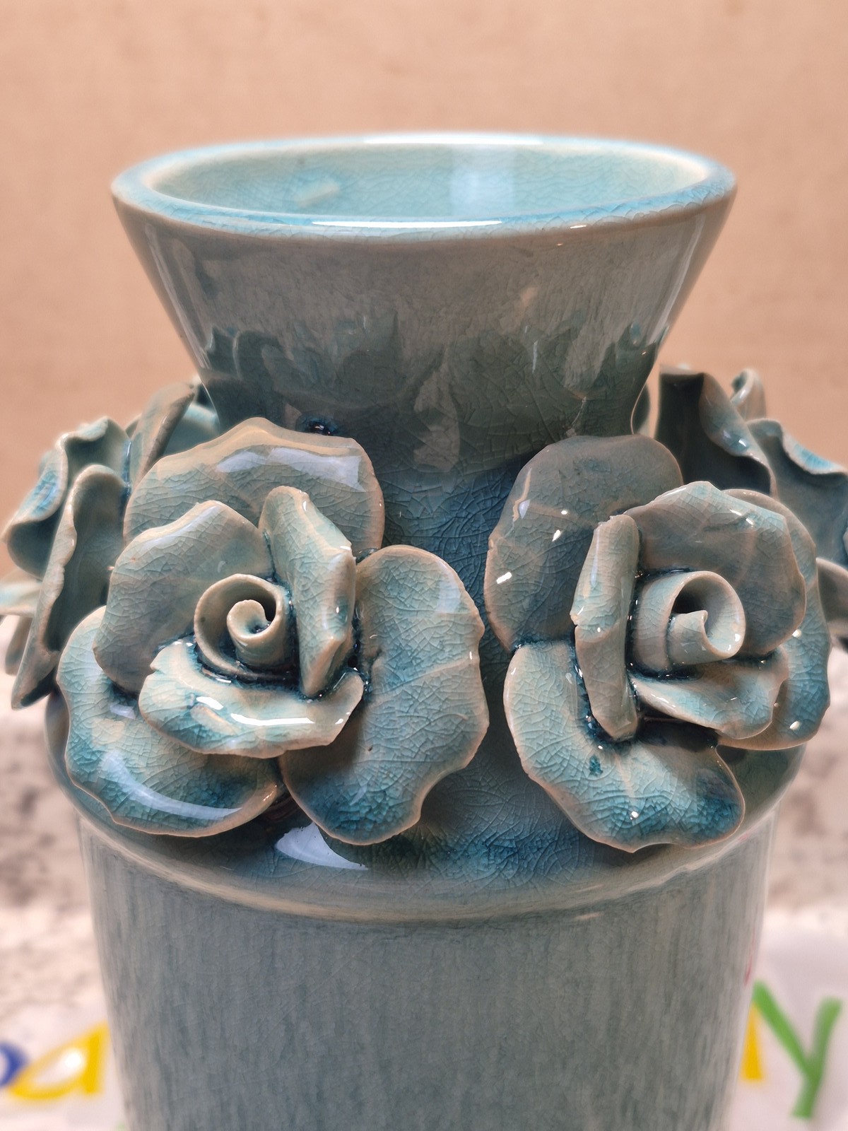 Sure Yuesi Teal Blue Ceramic Vase 7.5″ 3D Roses Floral Crackle Glaze Handmade