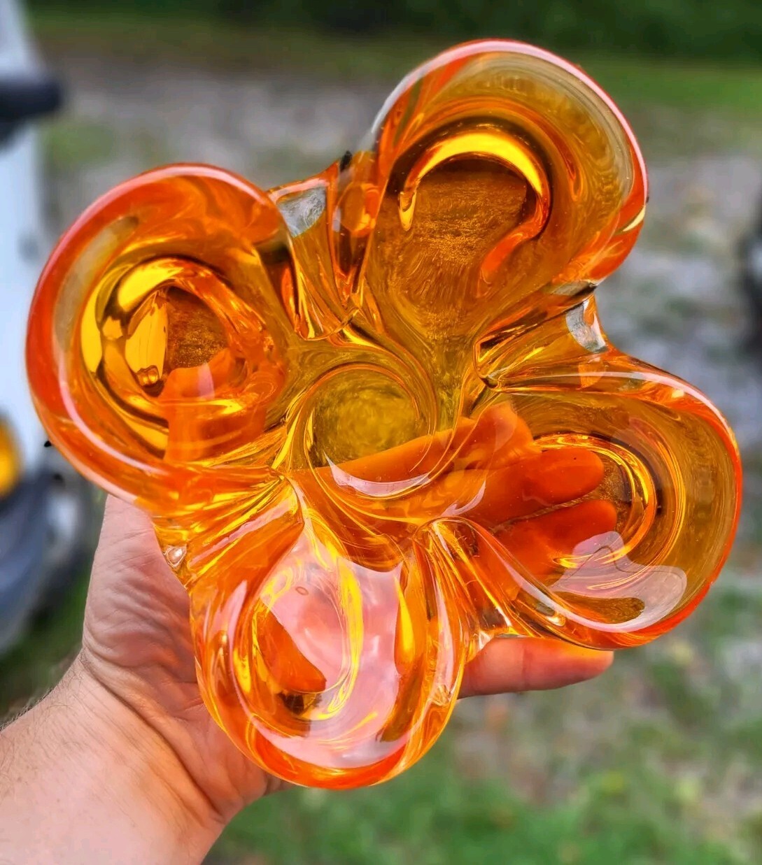 Signed CHALET Art Glass CIGAR TOBACCO ASHTRAY MCM CIGARETTE Tangerine Orange
