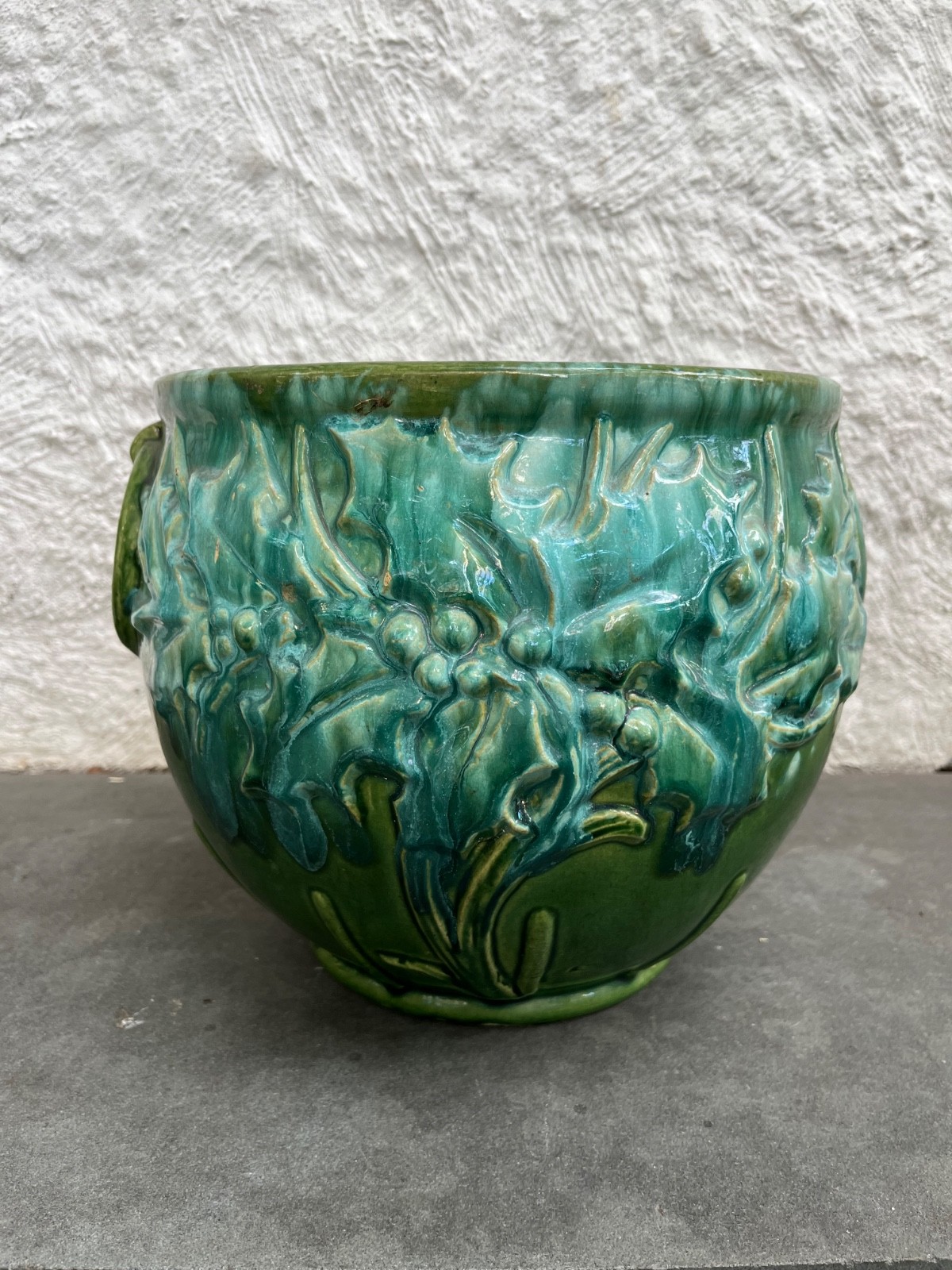 RARE McCoy Pottery Holly Jardiniere Planter Green Glaze 9 1/2″ H x 11 1/2″ READ