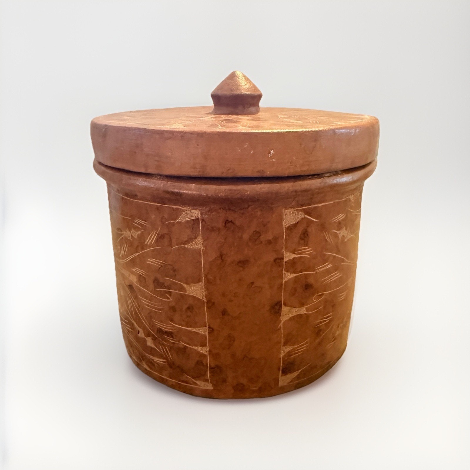 Vintage Pier One Indonesian Sasak Heavy Carved Pottery With Lid 6.75 x6 Inches