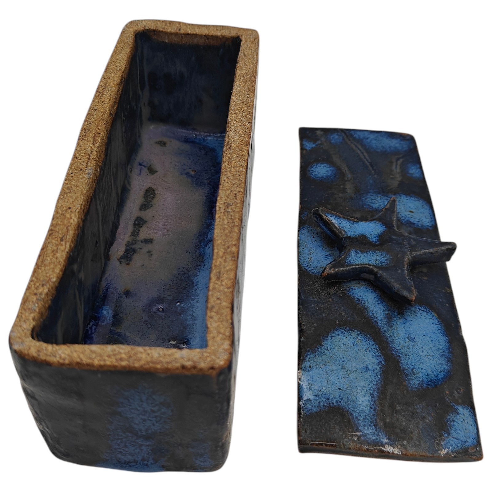 Studio Art Pottery Lidded Trinket Box Cobalt Blue Stars Signed