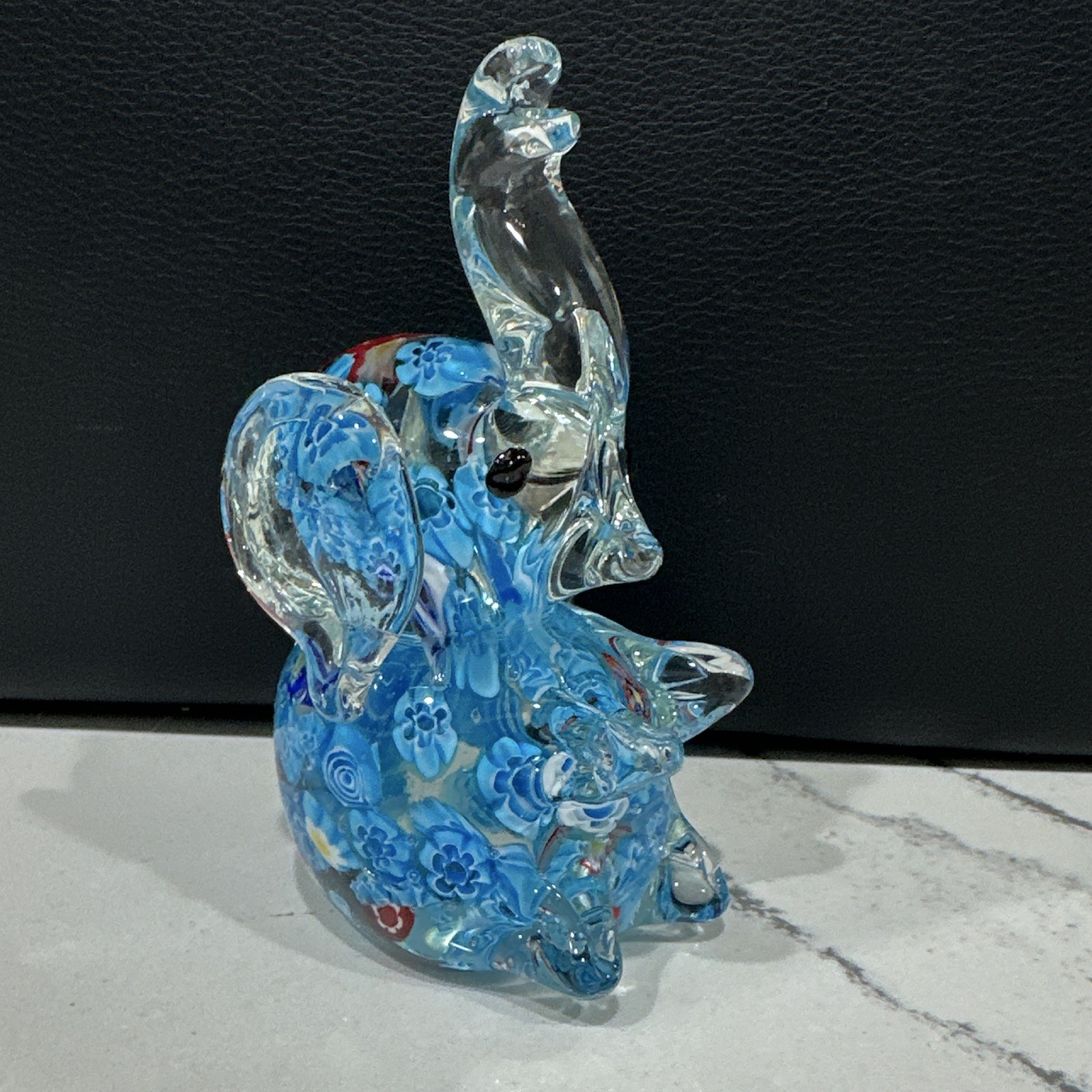 Blue Art Glass Elephant Figurine Floral Pattern Decorative Animal Glass