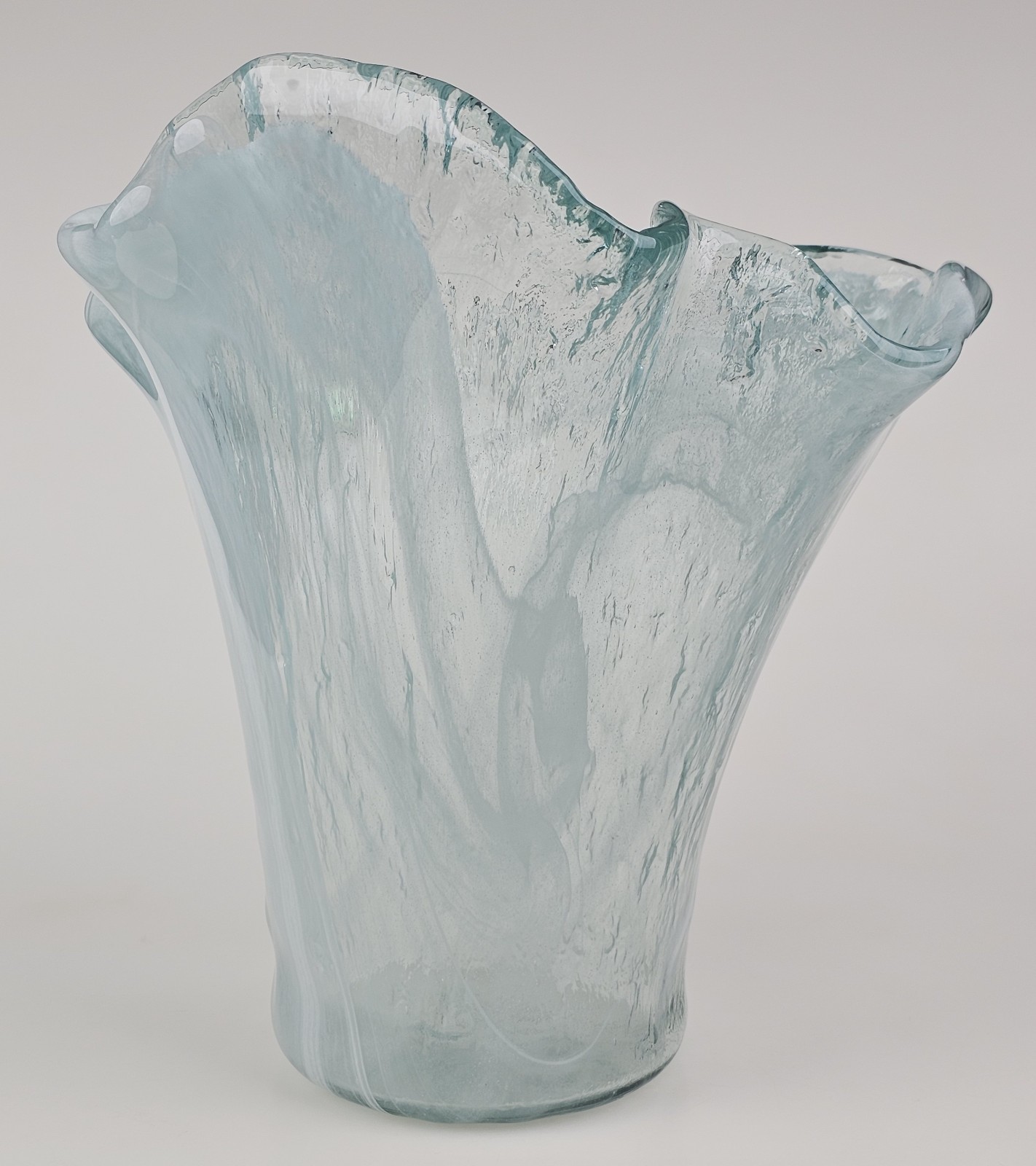 Murero Glass Aqua & White Large Handkerchief Vase or Luxury Trash Bin Italy 11″