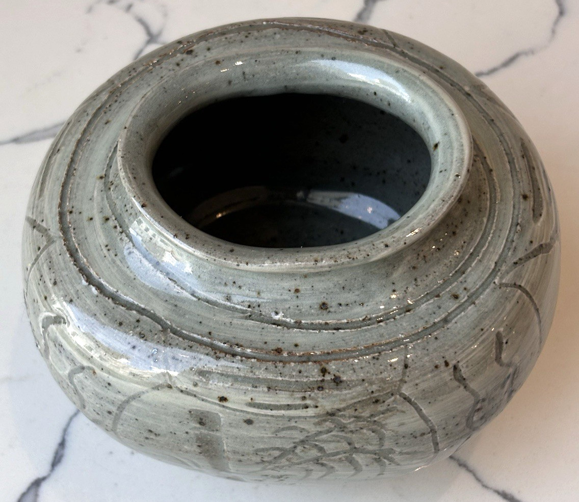 Vintage Signed Incised Glazed Art Pottery with Bamboo Theme, Asian Decor Gifts