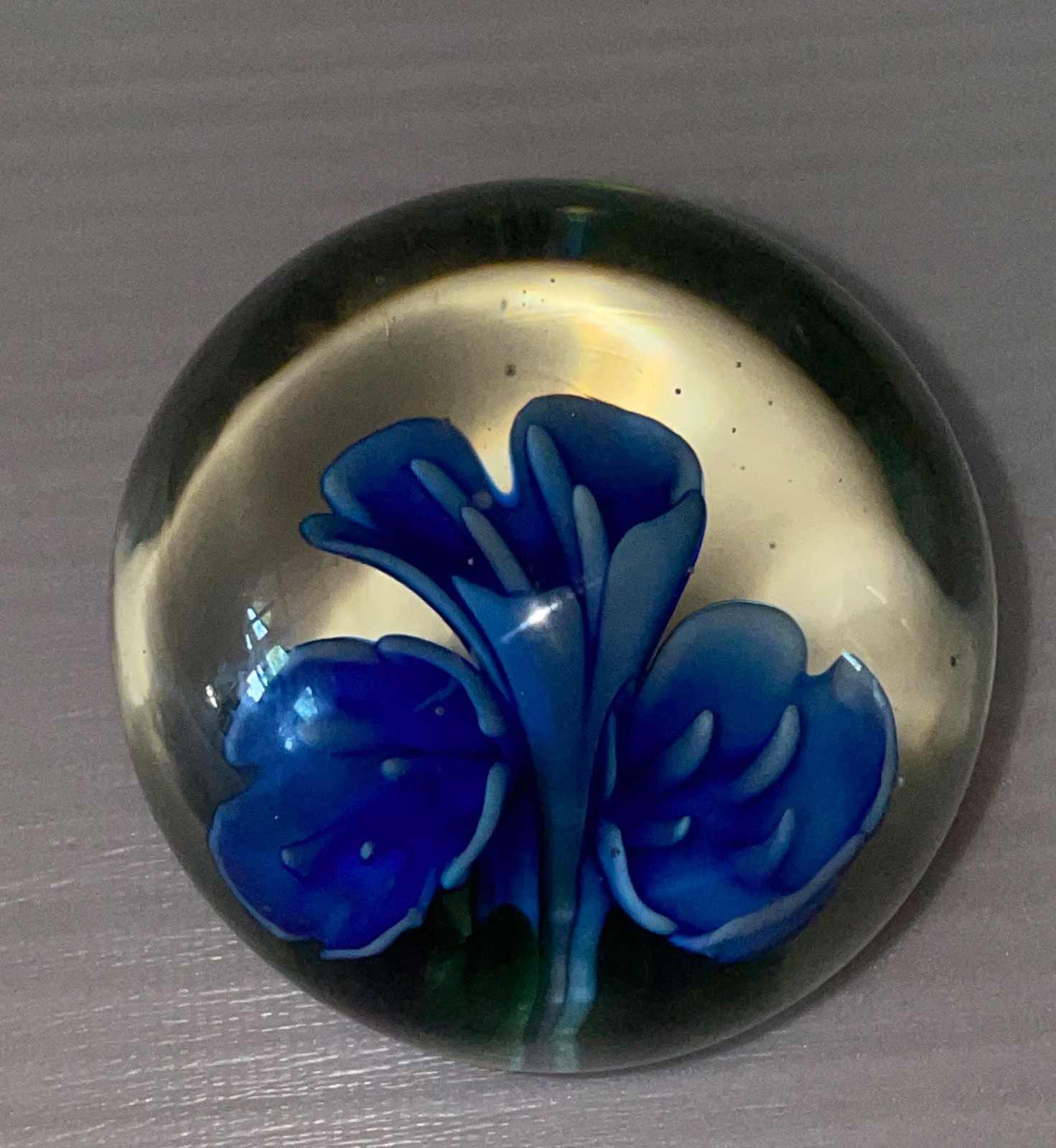 Art Glass Paperweight with Blue Flower Encased in Clear Glass – 3” Vintage