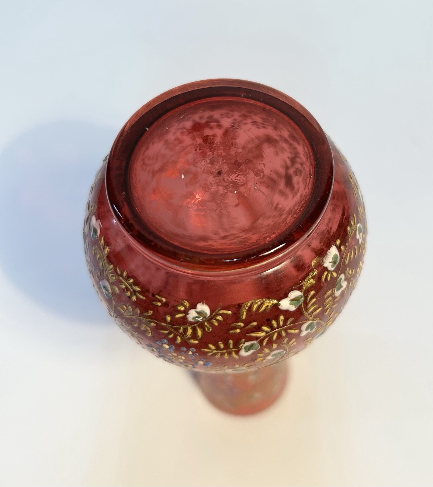 Antique Bohemian Cranberry Glass Vase Gilt Enamel Floral Moser Style c1880