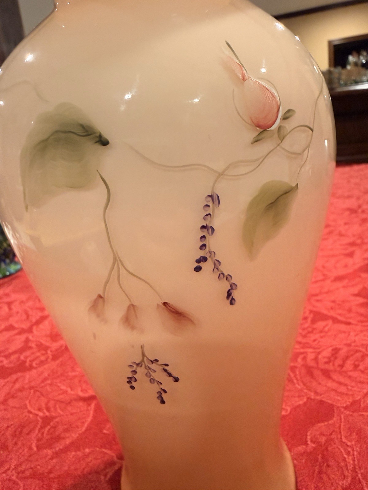 Fenton Satin Sunset Overlay Hand Painted “Princess Roses” Vase Signed Ex Cond