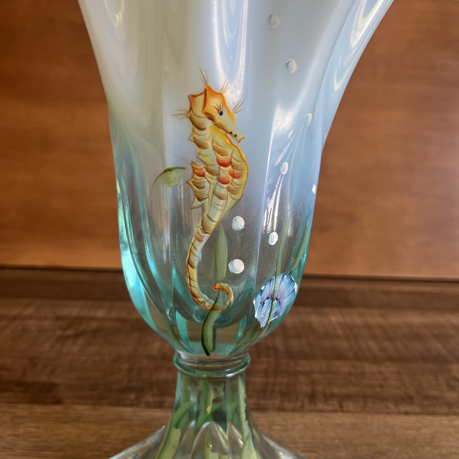 Fenton Glass Aquamarine Stretch Underwater Dream Seahorse HandPainted Vase 12”