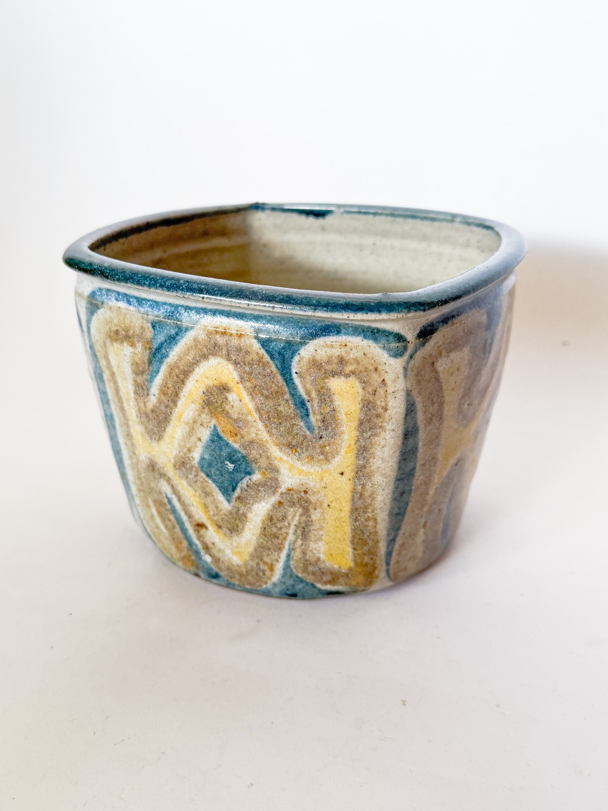 Mid 20th Century Glazed Studio Pottery Squared Planter, Signed, Mod Design