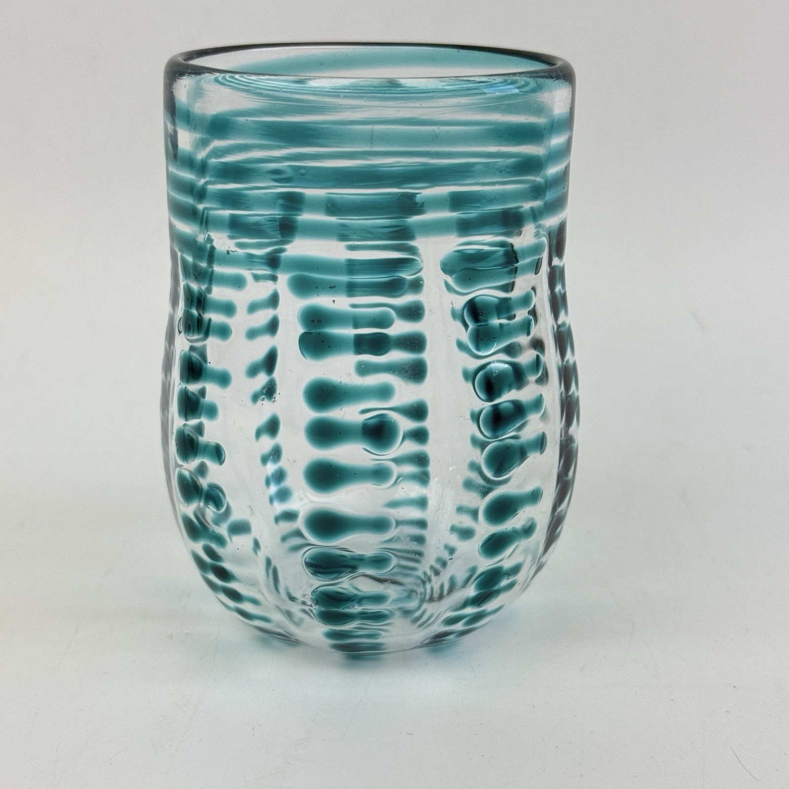 Hand-blown Signed glass tumbler votive candle holder teal stripes art glass