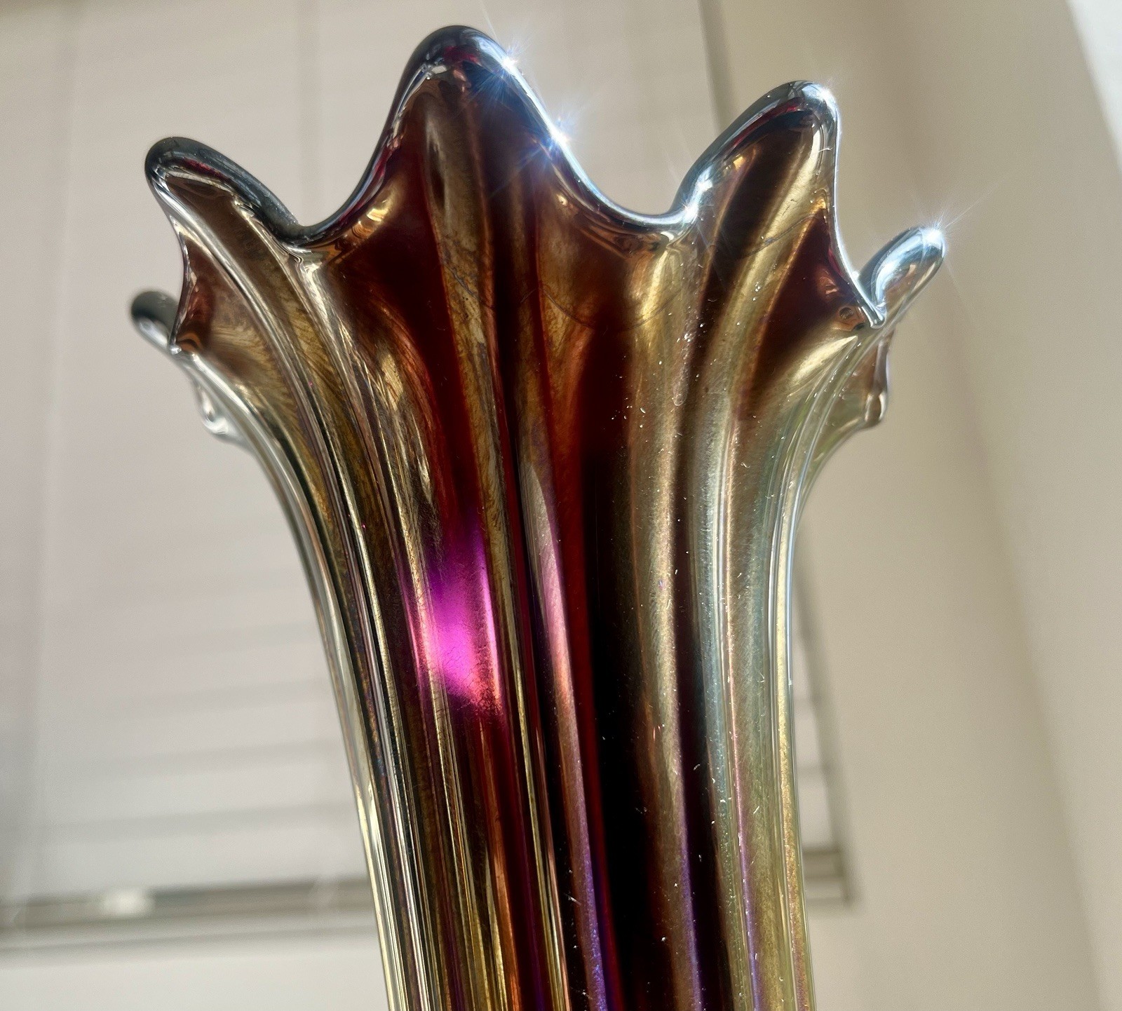 Unmarked Iridescent Ribbed Glass Vase, Ruffled Rim, Purple/Blue/Gold