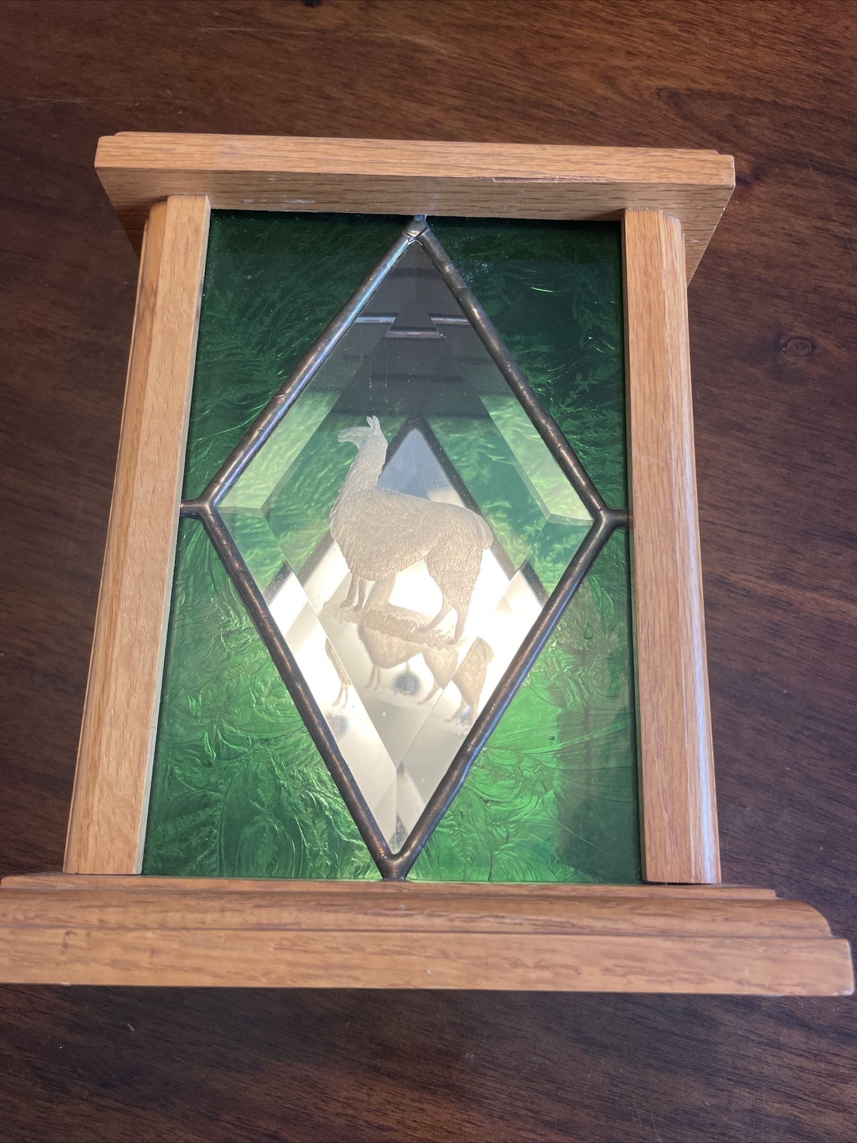 Vintage Stain Glass Window Art Bank Wood Frame Green W/ A Llama Rare Piece