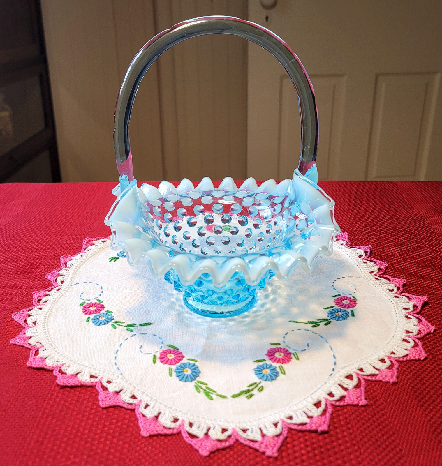 Vintage FENTON No. 3837 *BLUE OPALESCENT HOBNAIL* Glass BASKET 1940-55 1959 1978