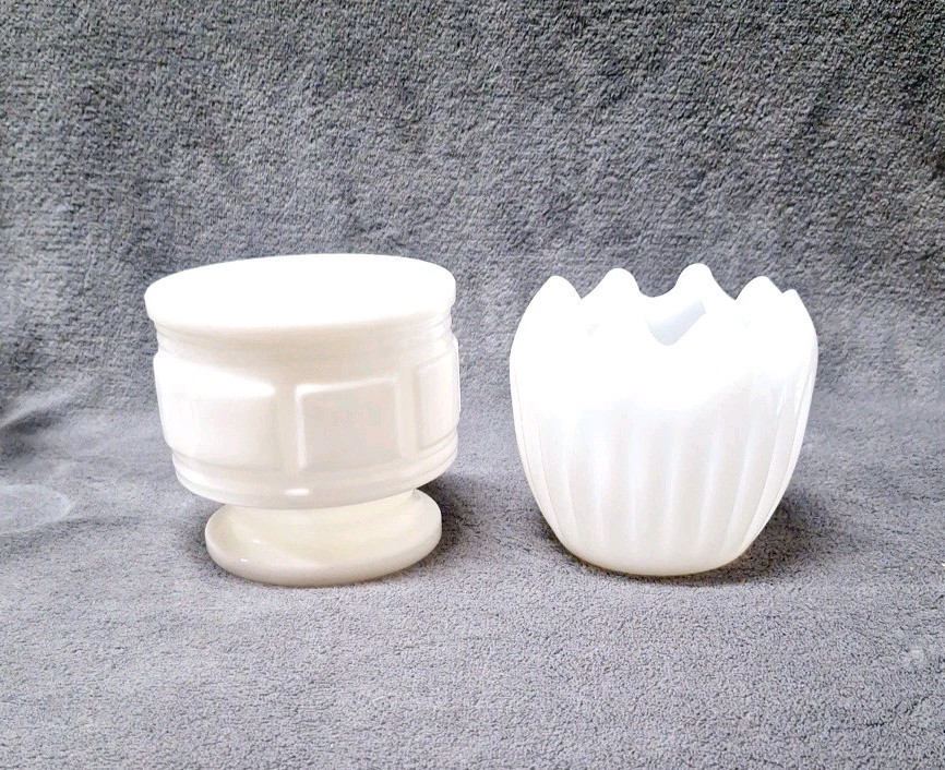 Lot of 2 Vintage Milk Glass Short Pedestal Bowl Planter Round Square Design 4″