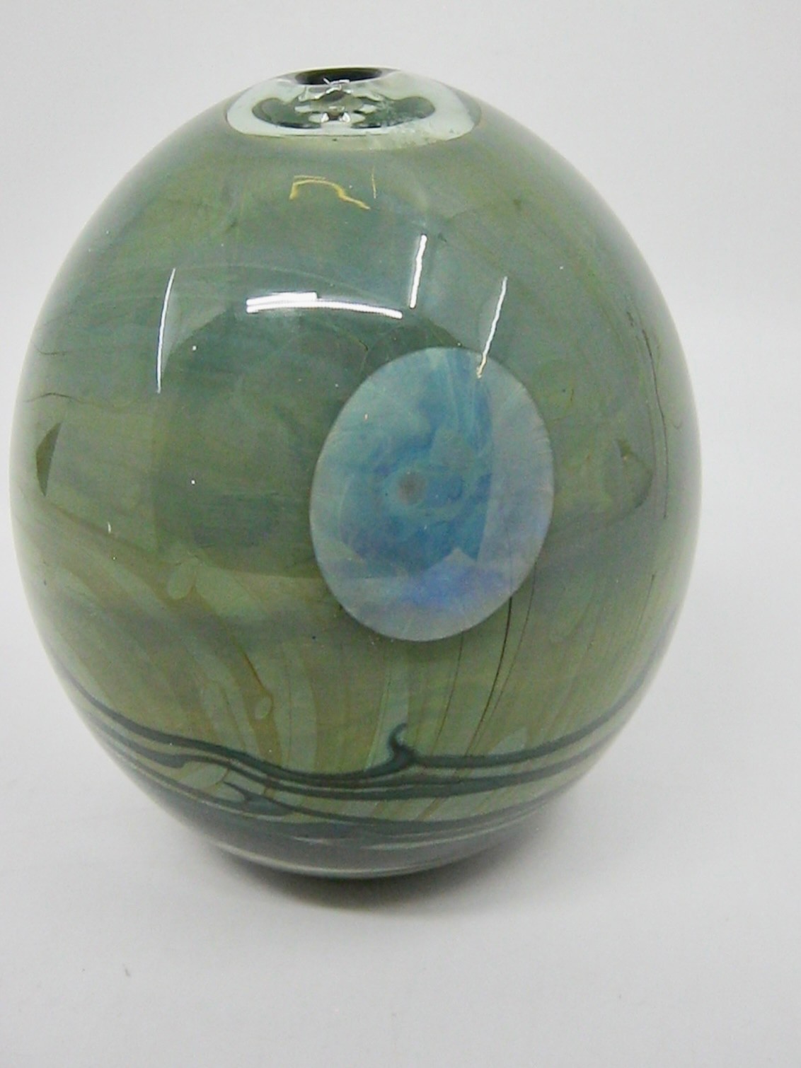 John Lewis Studio Art Glass Moon Bottle 1974 Green Glossy Signed 4.5″ Tall