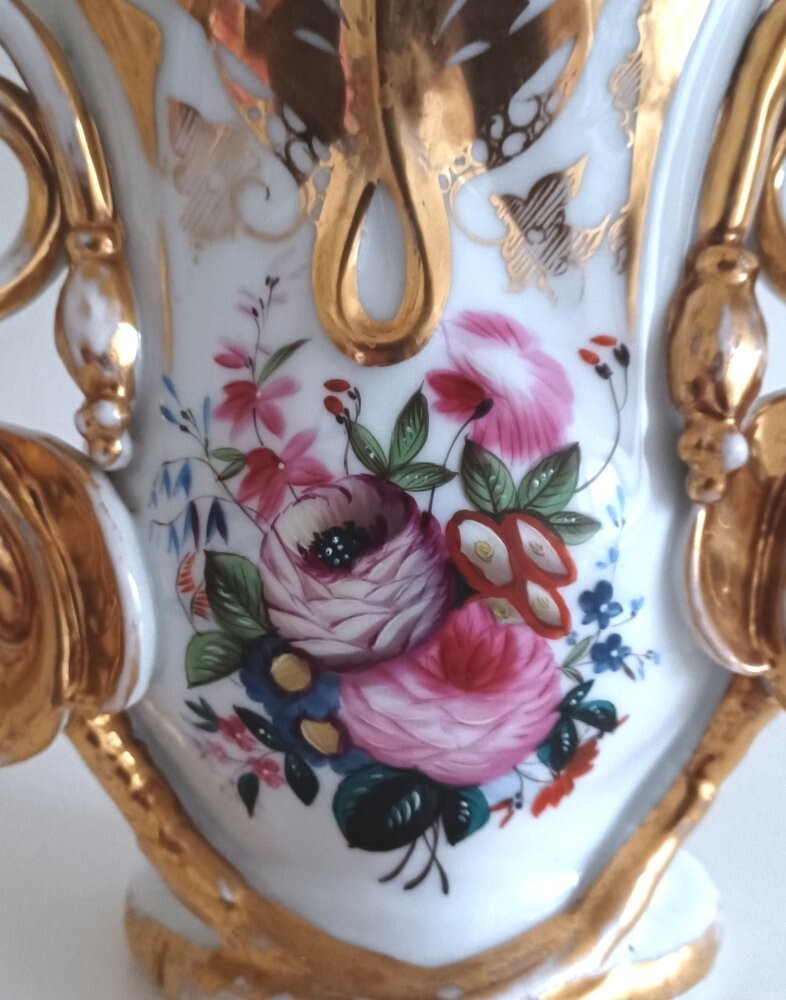 LARGE PAIR of Antique Vieux Old Paris Porcelain Vases with Beautiful Flowers 11″