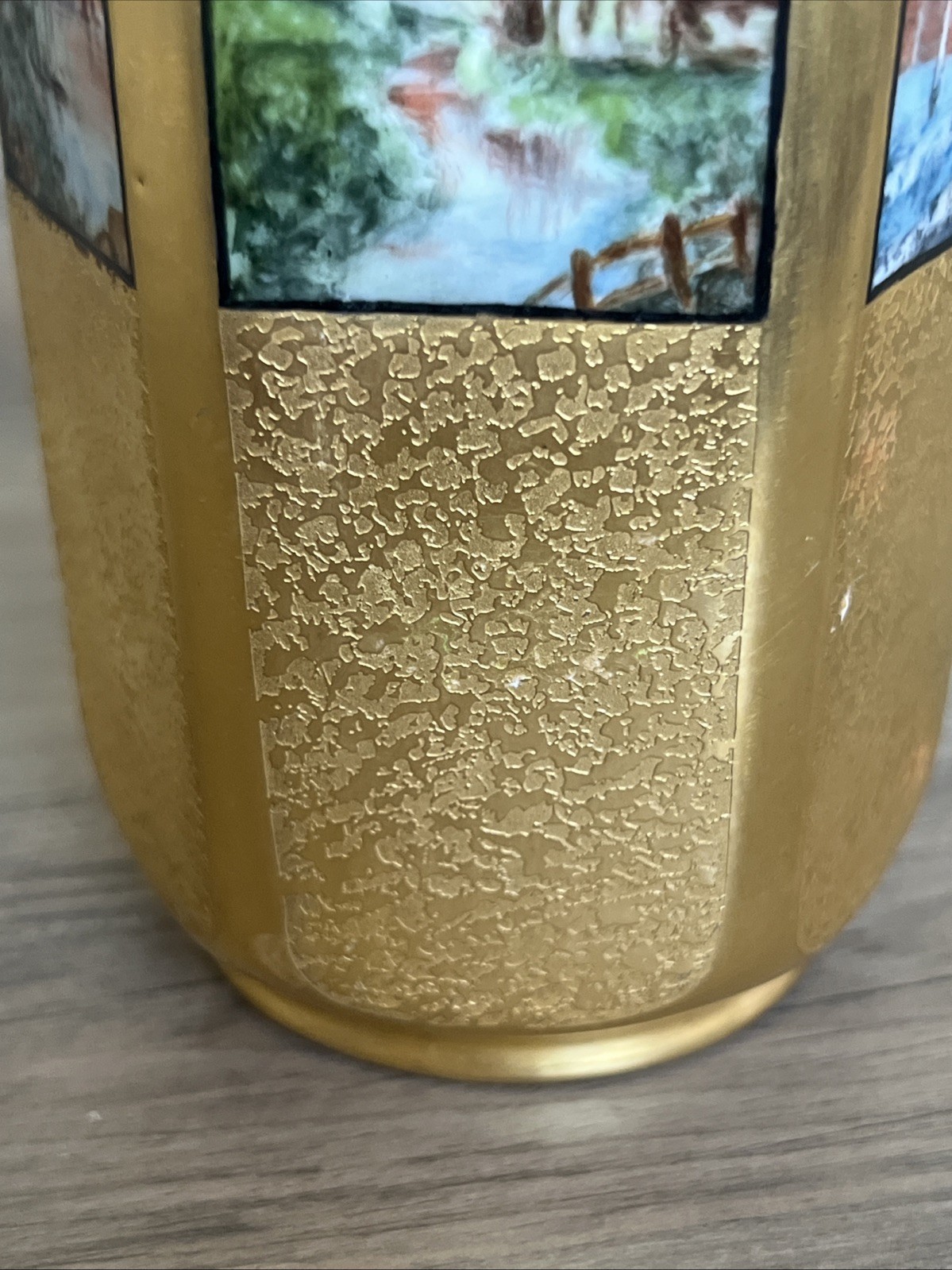 Vtg Gold Encrusted Double Handled 6” Vase Hand painted Landscape Design