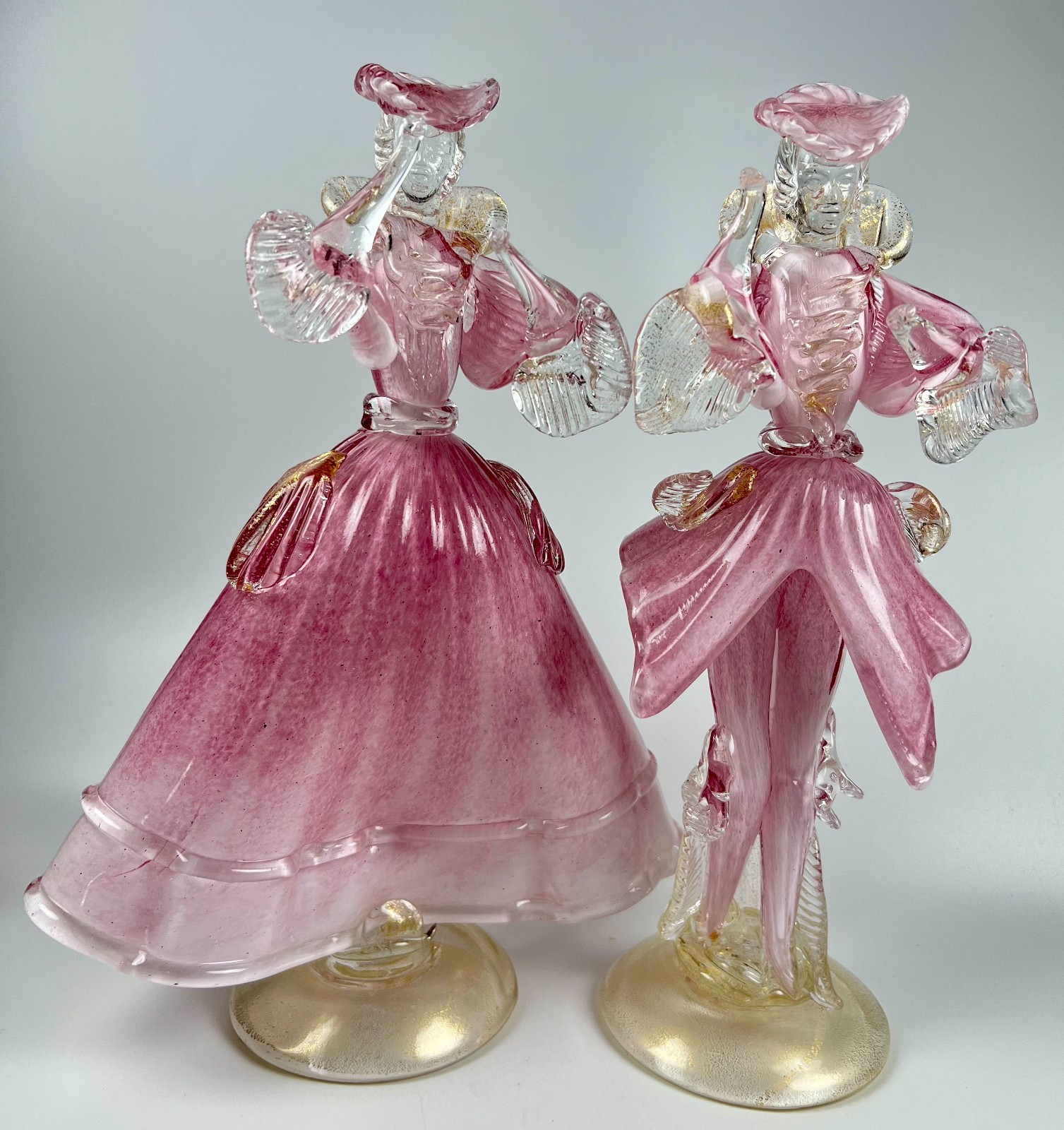 Vintage Murano pink Glass dancing damsel and gent Goldoniani couple figurines