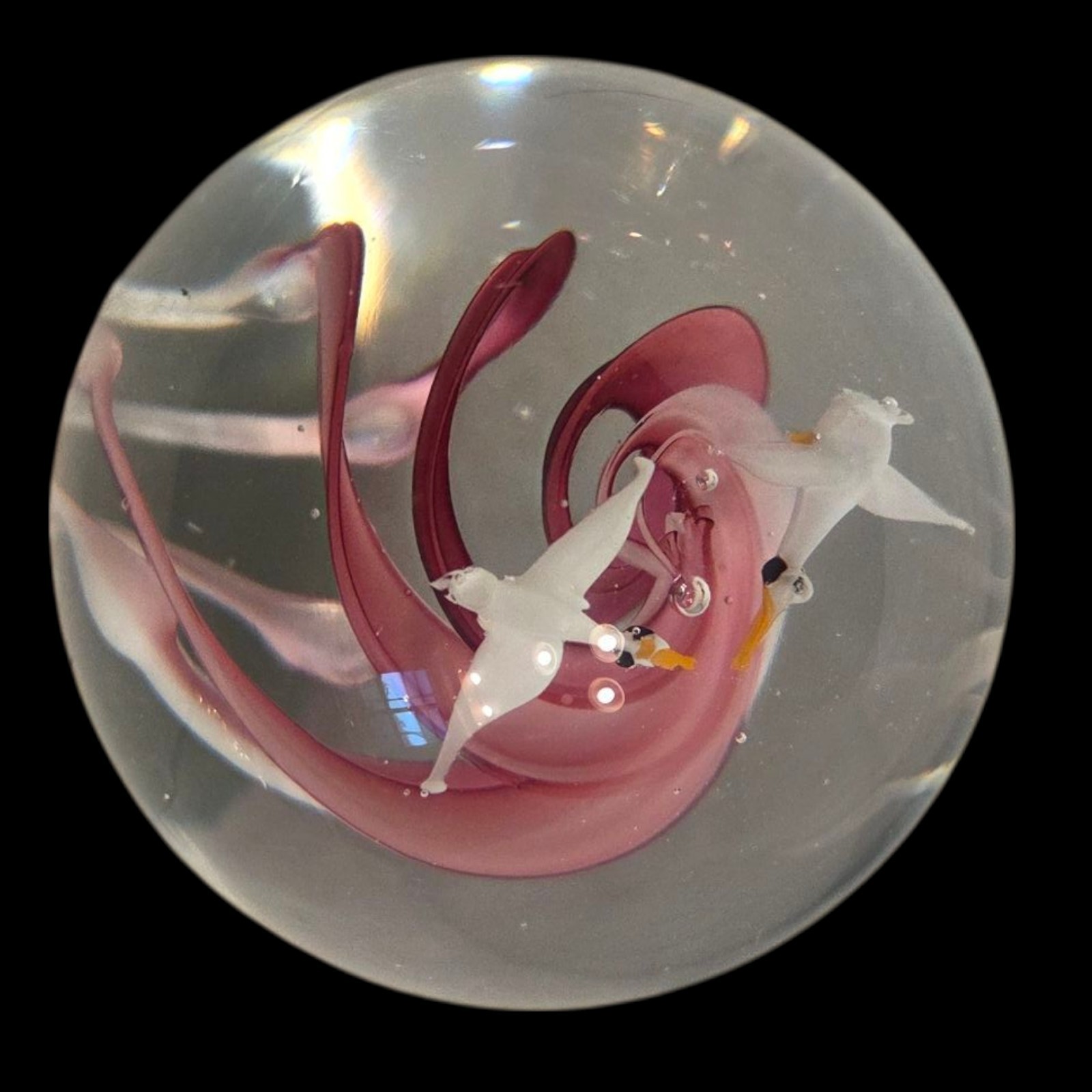 Art Glass Paperweight 2.25″ Pink Ribbon Spiral Swirl Pair White Birds in Flight