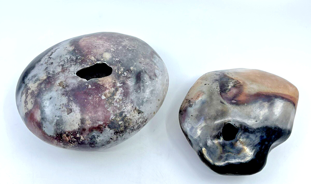 VTG Contemporary Handmade Art Pottery Glazed River Rock Shaped Vases Signed