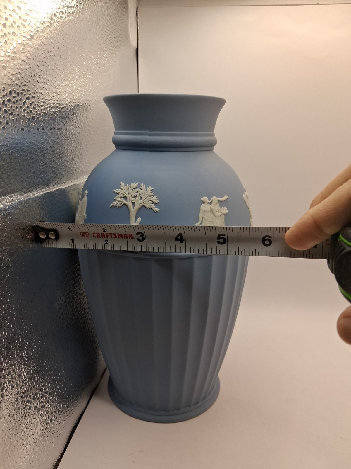 Vtg. Uniq Wedgwood Blue Off White Jasperware Vase W Classical Scenes. England