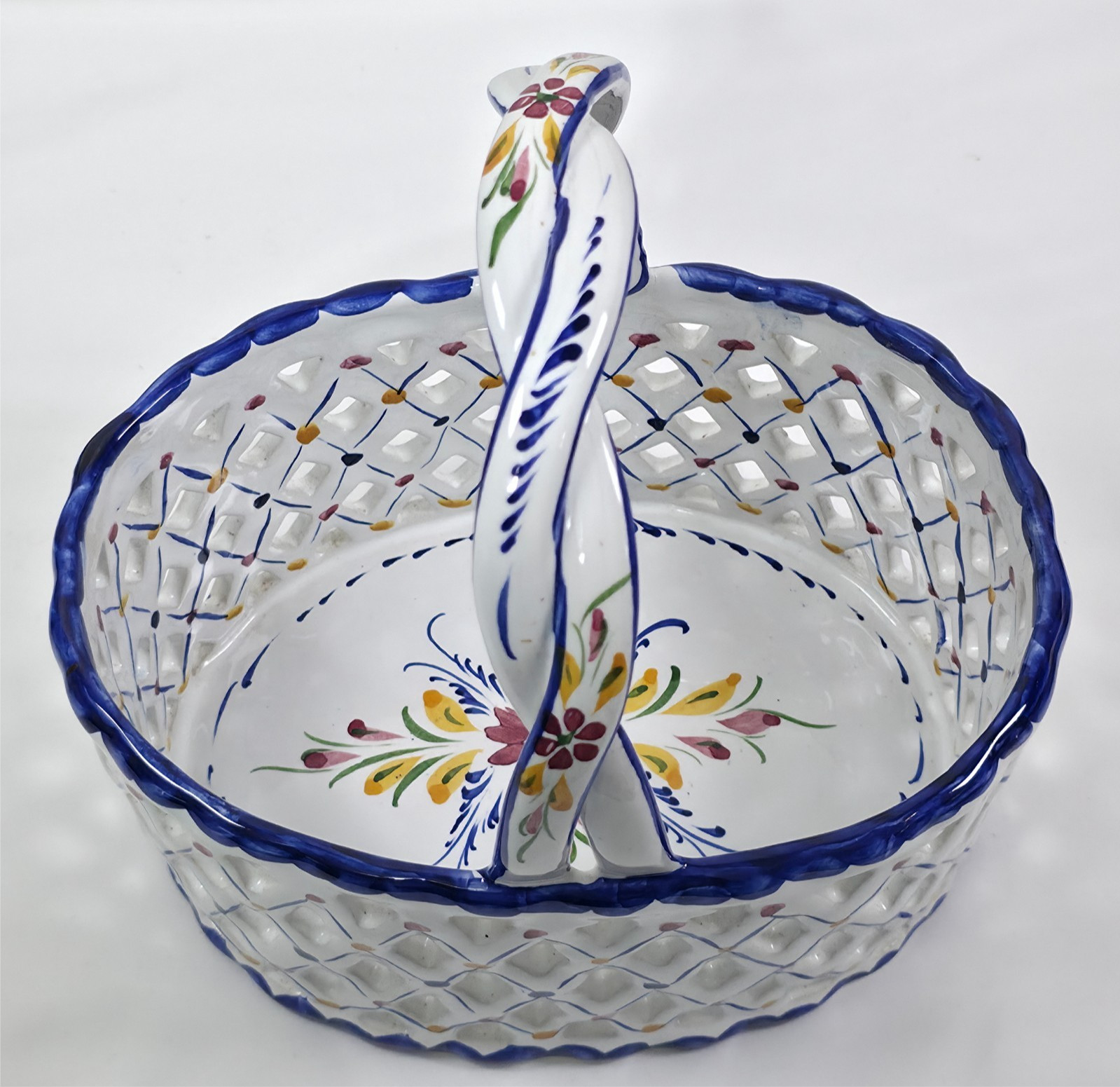 Hand Painted Open Lace Basket Portugal Blue White Floral 8.5″ Ceramic