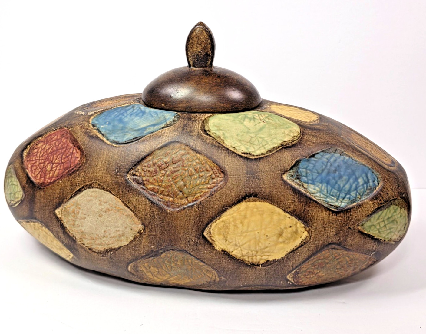 Studio Art Pottery Lidded Vessel Sculptural Ceramic Patchwork Decor 12″