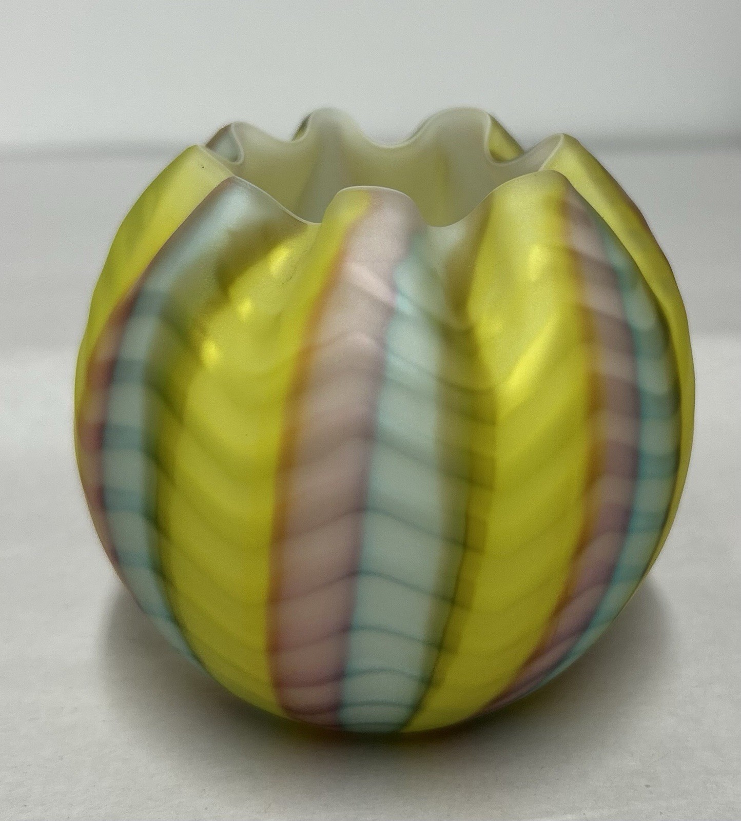 Satin Glass Herringbone Rose Bowl Pink Yellow Blue Stripes 3.25 inches Tall