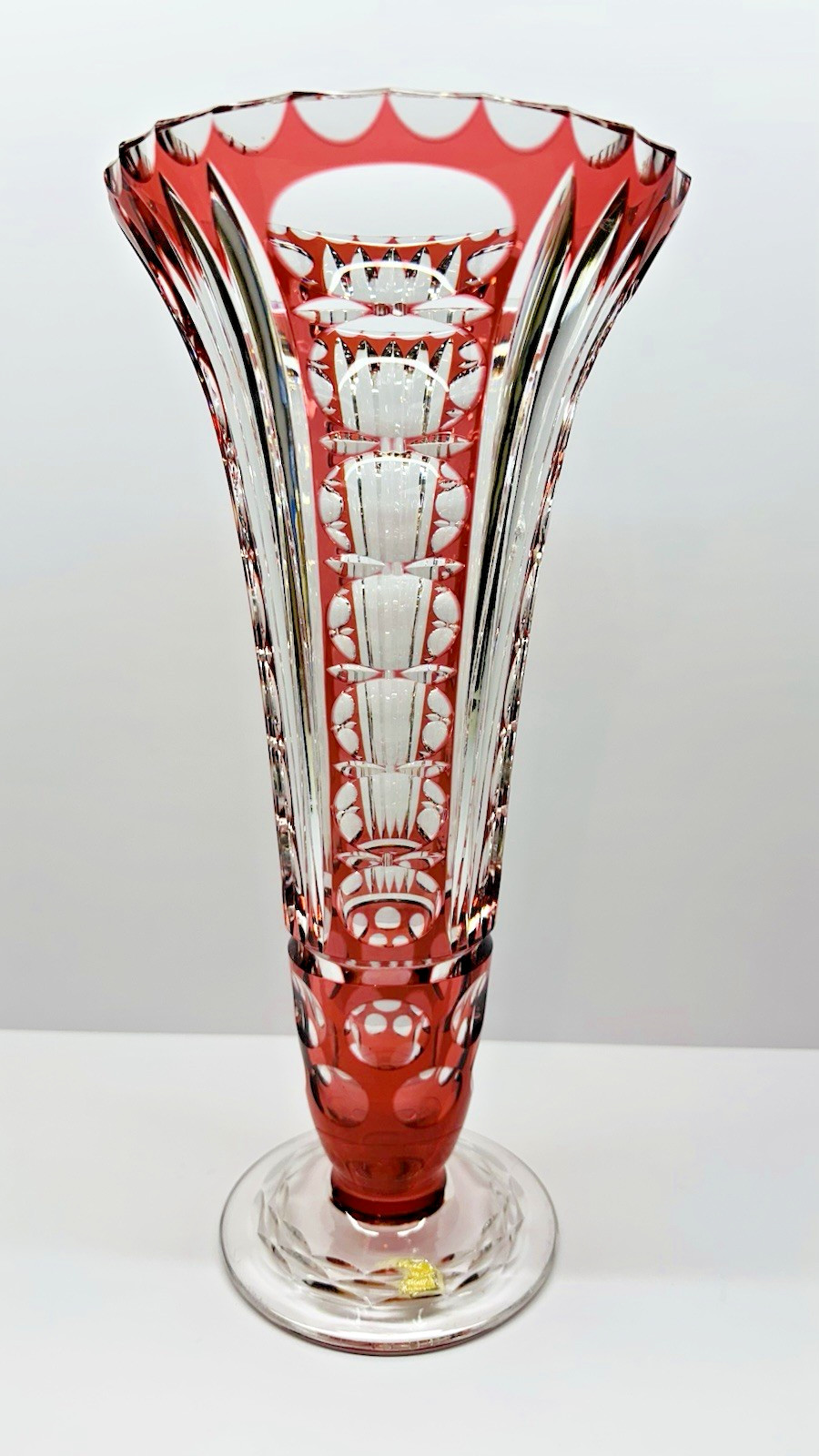 Vintage Large Nachtmann Bleikristall Cranberry Cut To Clear Crystal Vase 13.75″