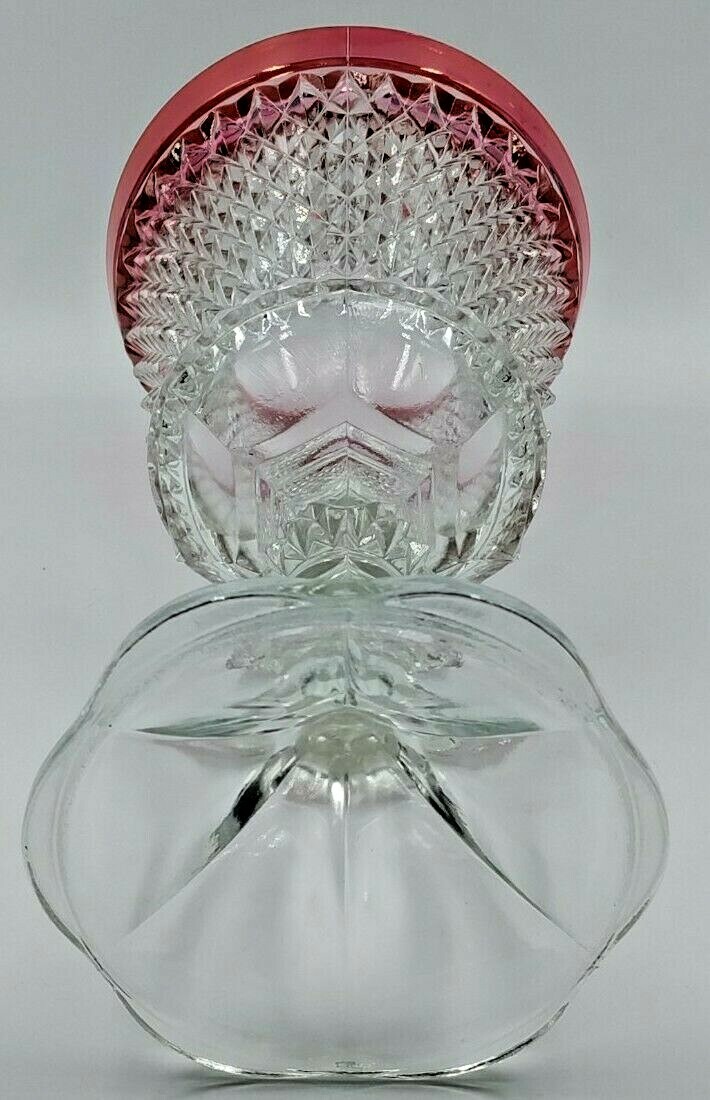 Vtg Indiana Glass Diamond Point Ruby Flash Scalloped Base Footed Urn with Lid