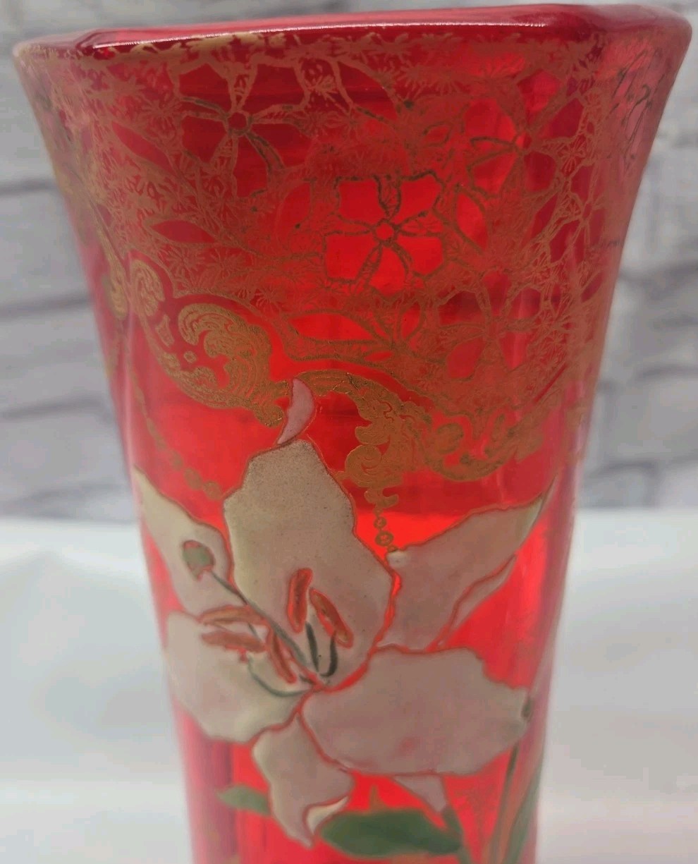 Antique Mont Joye Legras Art Glass Vase Easter LILY Heavy Hand Painted Enamel