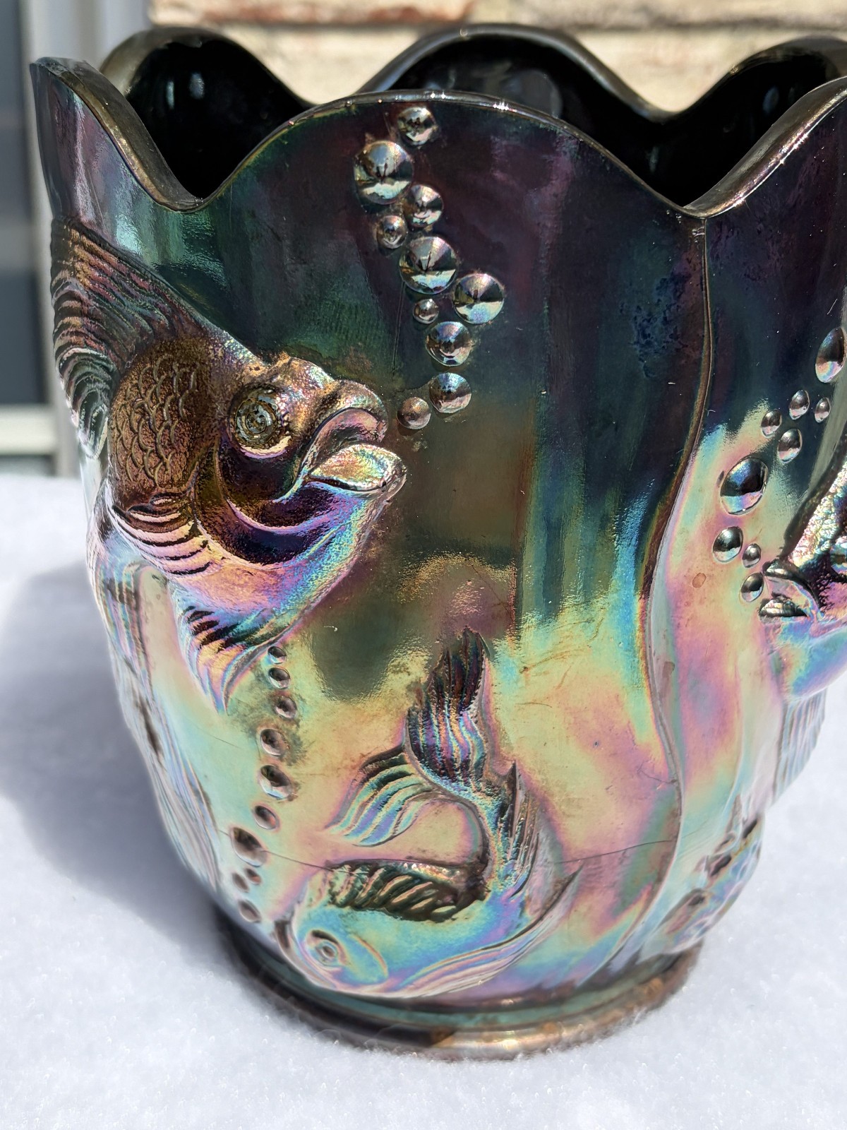 FENTON AMETHYST CARNIVAL GLASS ATLANTIS KOI FISH GOLDFISH VASE 70s 6 1/2″ Mint