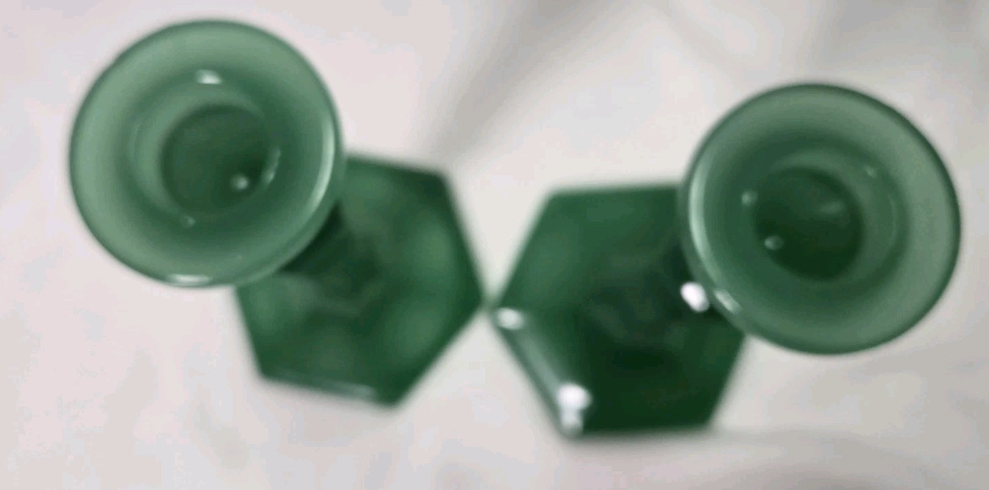 Vintage McKee Jadeite Green Glass Candlestick Holders Pair 8″ Hex Deco